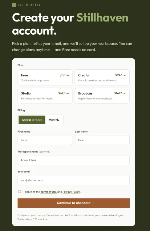 The Stillhaven signup page — plan picker, billing toggle, and account details