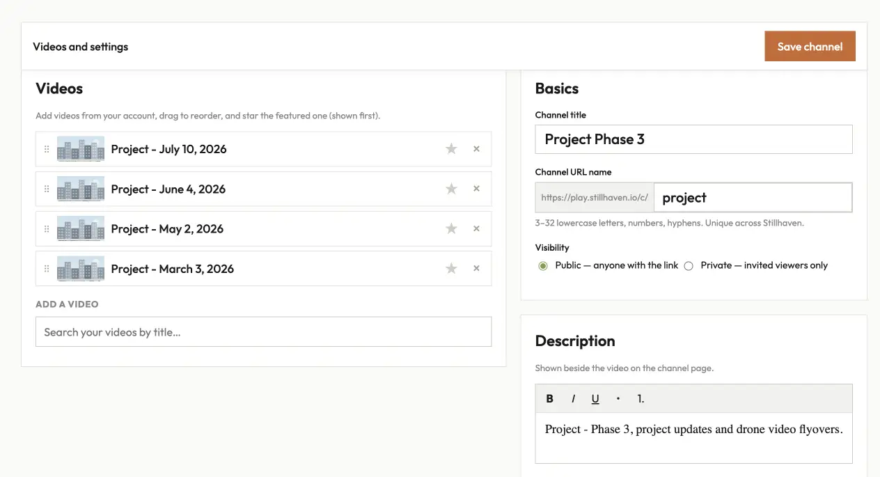The channel editor — add, reorder, and theme a channel
