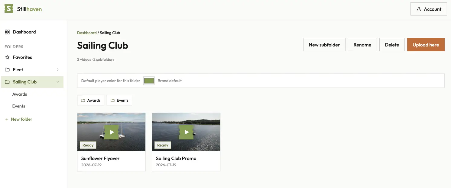 A folder view — videos with color swatches and subfolder chips