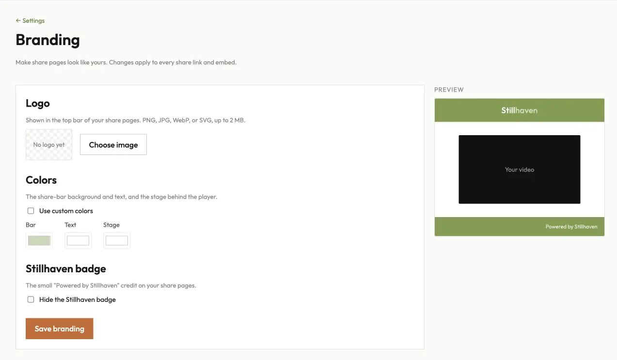 Branding settings — logo, theme colors, and stage controls with a live preview