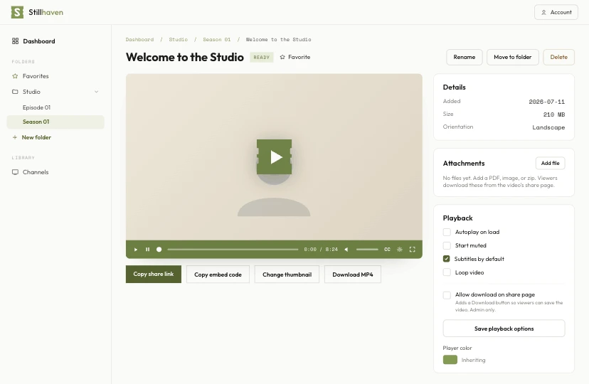 Stillhaven console — the video view with playback and branding options