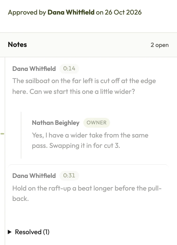 The share page's review panel after sign-off: Approved by Dana Whitfield on 26 Oct 2026, above the two open notes and a Resolved list with one note in it.