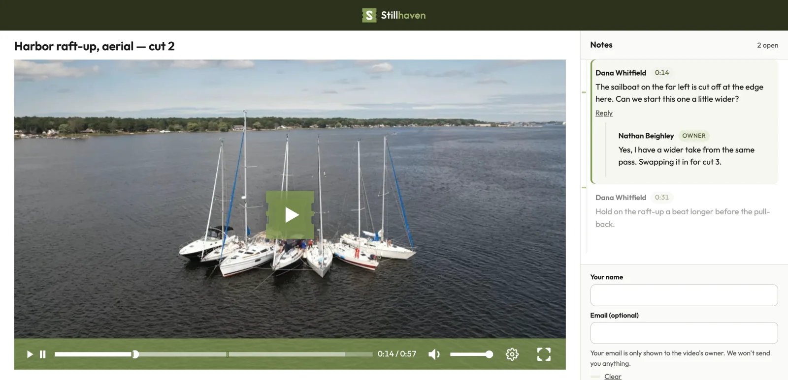 A Stillhaven share page with review on: aerial footage of sailboats rafted together on a lake, two note marks on the timeline, and the Notes panel showing a client's note at 0:14, the owner's reply under it, and a second note at 0:31.