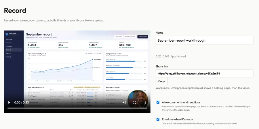 The Review screen after stopping: the recording playing back on the left; on the right its name, how much was saved, a share link with Copy that works before processing finishes, Allow comments and reactions, and Email me when it's ready